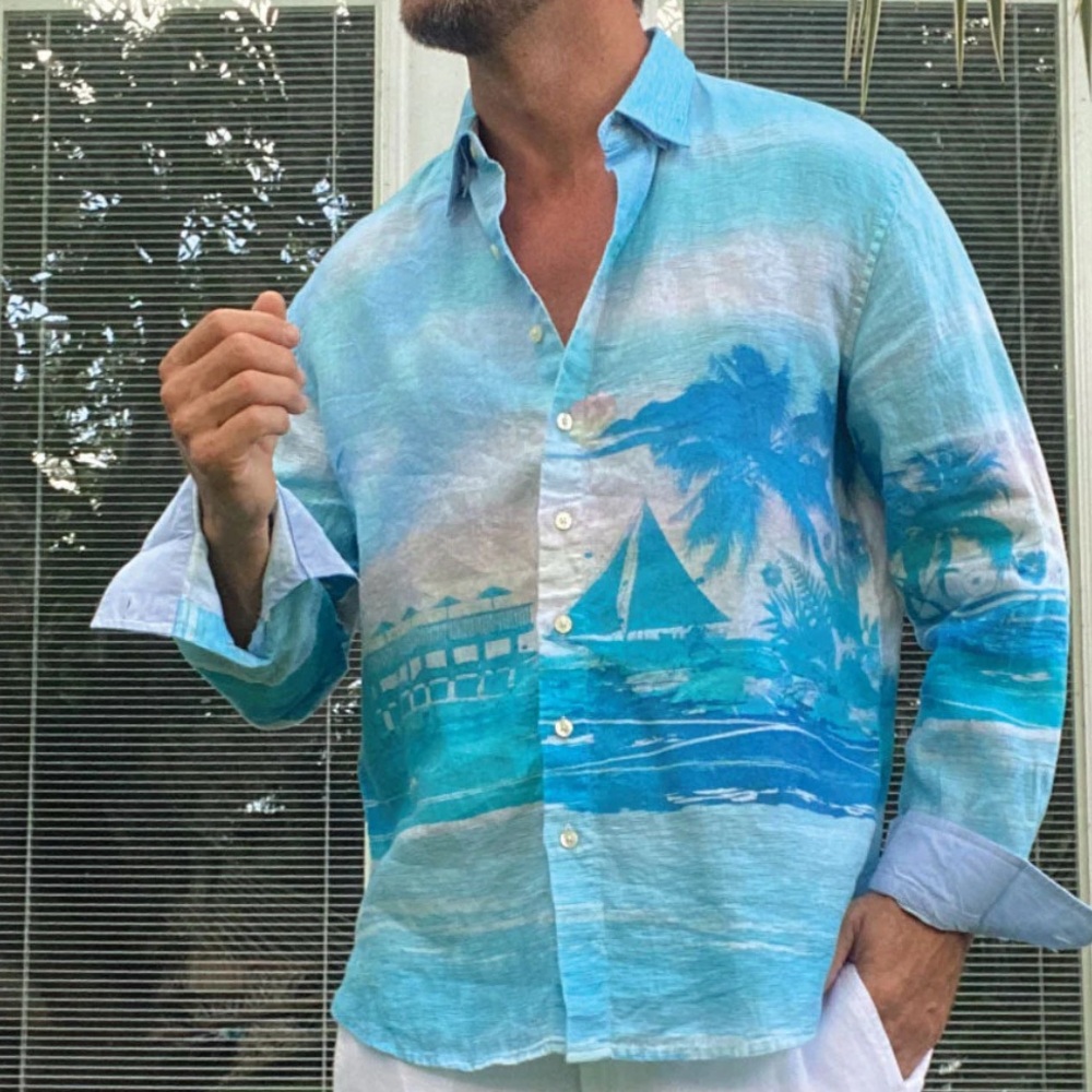 Madda Fella Key West Ernest Irish Linen Turn Cuff Pier Beach Tropical Shirt XXL